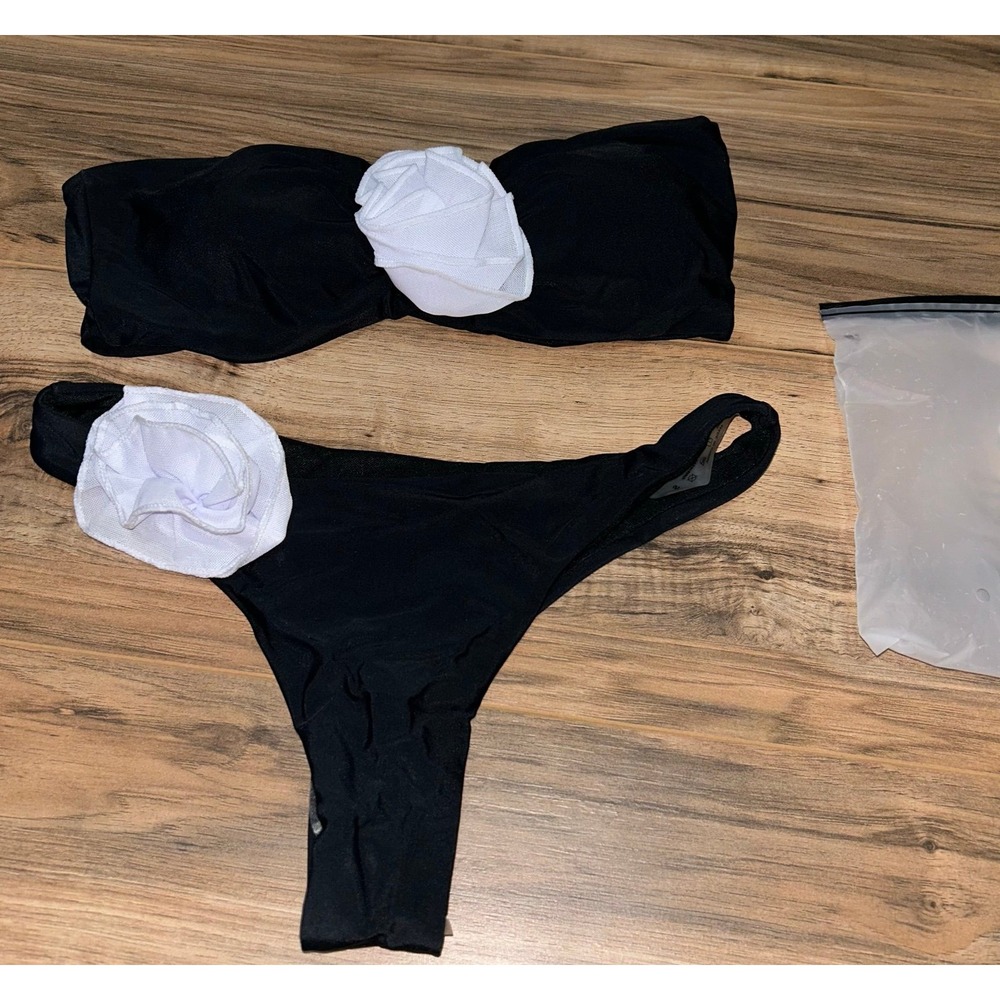 OYOANGLE Women's 2 Piece Floral Appliques Strapless High Cut Thong Bikini, Small